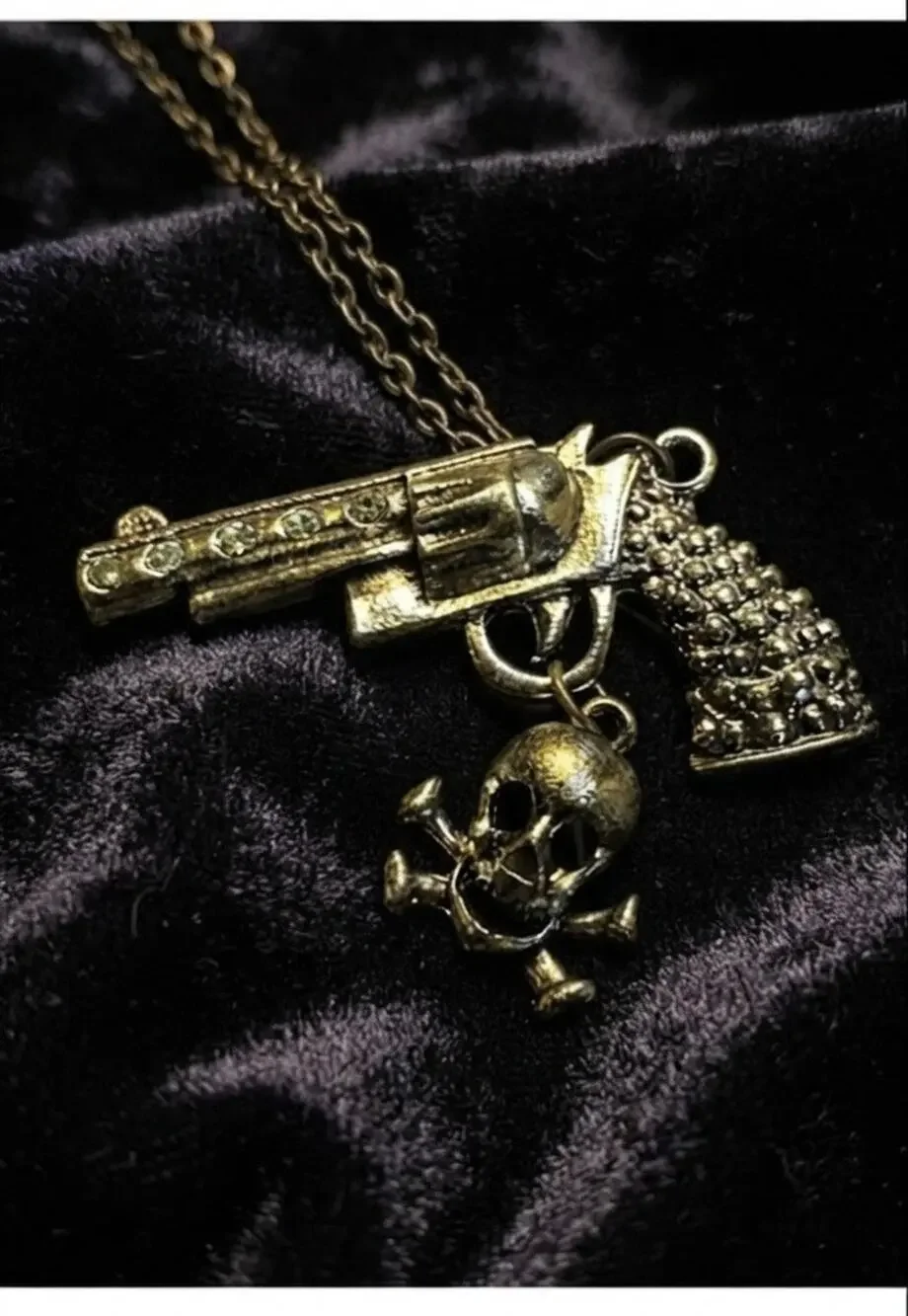 Antique gold tone rhinestone embellished pistol pendant necklace wester cowgirl
